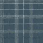 A section of wallpaper with a geometric plaid pattern in dark slate blue and white colors. Dark Slate - Prairie Style Plaid Wallpaper by Panel