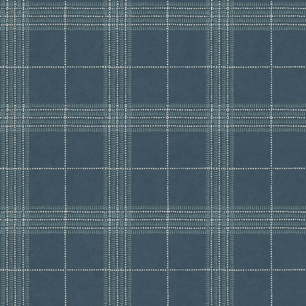 A section of wallpaper with a geometric plaid pattern in dark slate blue and white colors. Dark Slate - Prairie Style Plaid Wallpaper by Panel