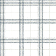 A section of wallpaper with a geometric plaid pattern in shades of blue, green, grey, and white. Steelyard/Sage Wallpaper – Prairie Style Plaid | Modern Design