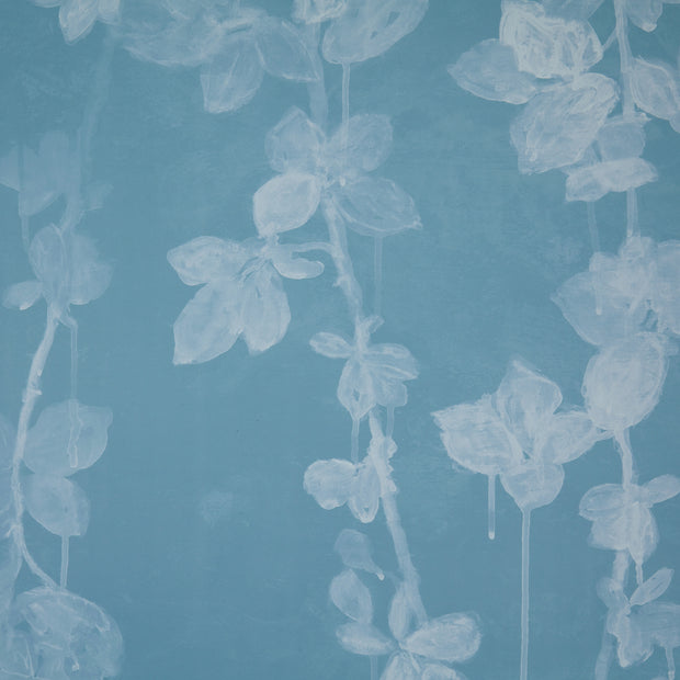 A section of wallpaper with a floral pattern featuring branches and leaves on a light blue background - Robins Egg Blackberry Brambles Wallpaper – Yard, 54" Width, 62.5" Repeat