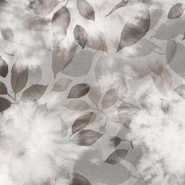 A section of wallpaper showing a leaf pattern in beige, grey, and white colors on a textured background - Twilight Smoke Bush Wallpaper – Kate Nixon x Quercus & Co | Half Drop