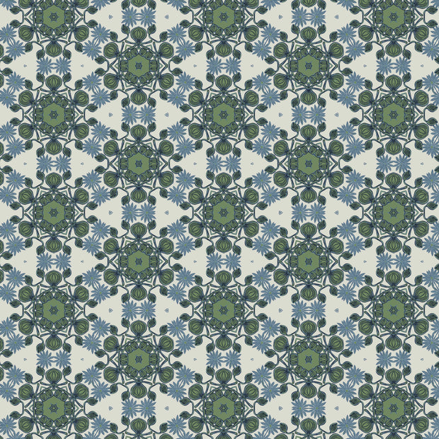 A wallpaper with a geometric pattern featuring interlocking triangles and stars in shades of blue, green, and white - Stardust Cream - Wallpaper - Toll Coated Non-Woven, Straight Match | Supply Showroom