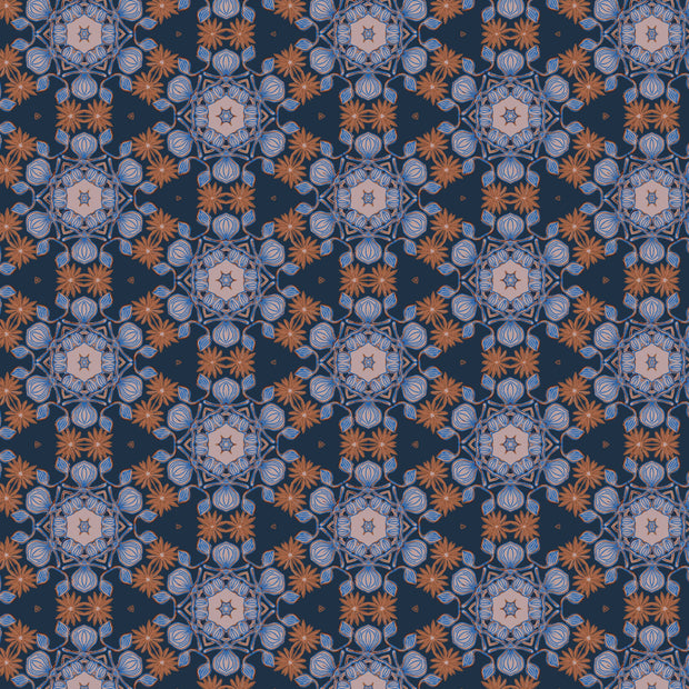 A wallpaper with a geometric pattern featuring hexagons and stars in navy blue and brown colors.
