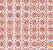 Pattern of circular designs with orange and pink colors on a white background.