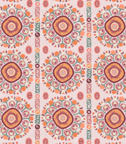 A fabric with a geometric and floral pattern in shades of gray, pink, orange, and other colors on a light background.