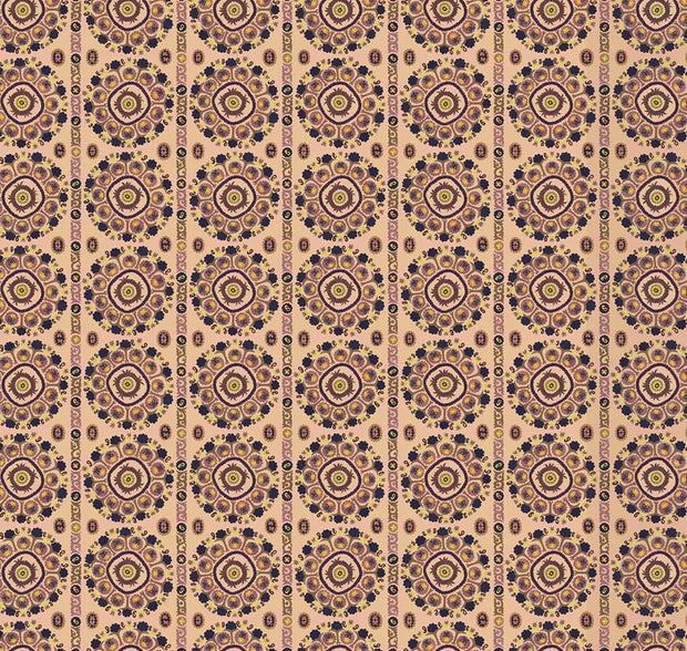 Patterned fabric with intricate design on beige background