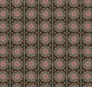 Patterned fabric with pink and green design on a brown background