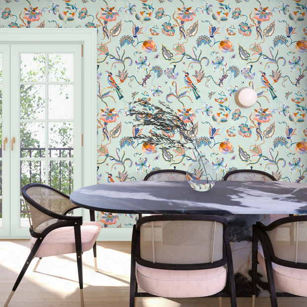 Bee Eater Wallpaper – Duck Egg & Persimmon | Sarah Gordon Designer WP