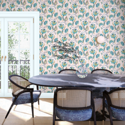 Sarah Gordon Curious Flora Wallpaper – Plaster & French Blue, Luxury Wallcovering