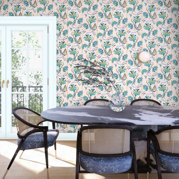 Sarah Gordon Curious Flora Wallpaper – Plaster & French Blue, Luxury Wallcovering