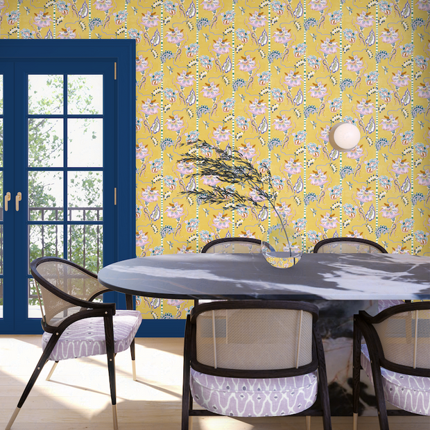 Curious Flora Wallpaper – Naples Yellow & Pink | Sarah Gordon Designer WP