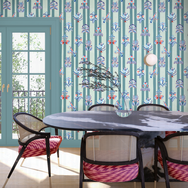 Duck Egg & Navy Curio Stripe Wallpaper – Modern Designer Wallcovering