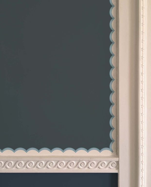 A section of wallpaper with scalloped trim in a light blue color, installed on a wall with an ornate white frame Light Blue - WP Scalloped Wallpaper Border, Non Woven, 10m Roll
