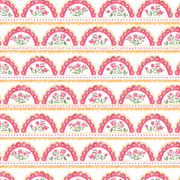 A wallpaper with a scallop pattern featuring pink and red colors and decorative floral motifs.
