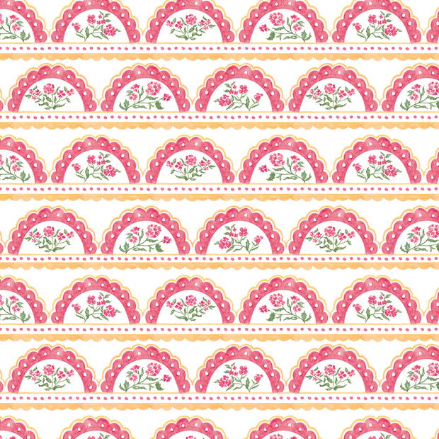 A wallpaper with a scallop pattern featuring pink and red colors and decorative floral motifs.
