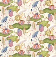 A textile design featuring a pattern with various animals, including birds, and botanical elements such as flowers and leaves, in a multicolored oyster linen fabric.