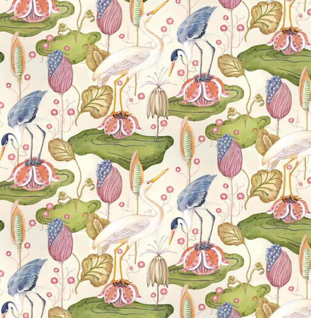 A textile design featuring a pattern with various animals, including birds, and botanical elements such as flowers and leaves, in a multicolored oyster linen fabric.