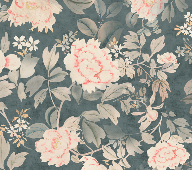 Petrol Wallpaper | Peony, 27" Width, Half Drop, Sold by Yard