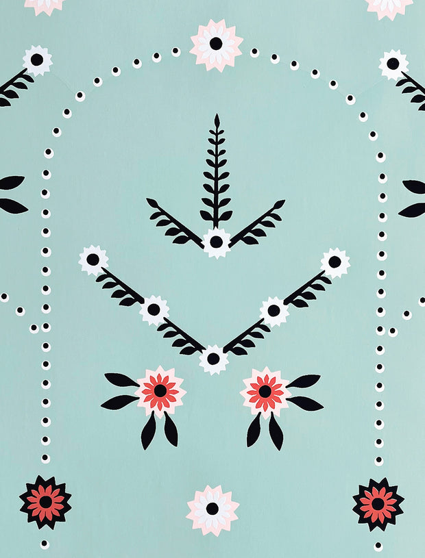 A section of wallpaper with a floral pattern featuring mainly pink and black flowers and green leaves on a light blue background - Silk Road Digby Wallpaper – 27" Wide Roll, Straight Match, Elegant Style