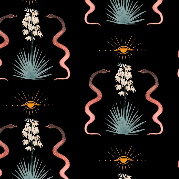 A repeating wallpaper pattern featuring snakes, flowers, and an eye-like symbol on a dark background.