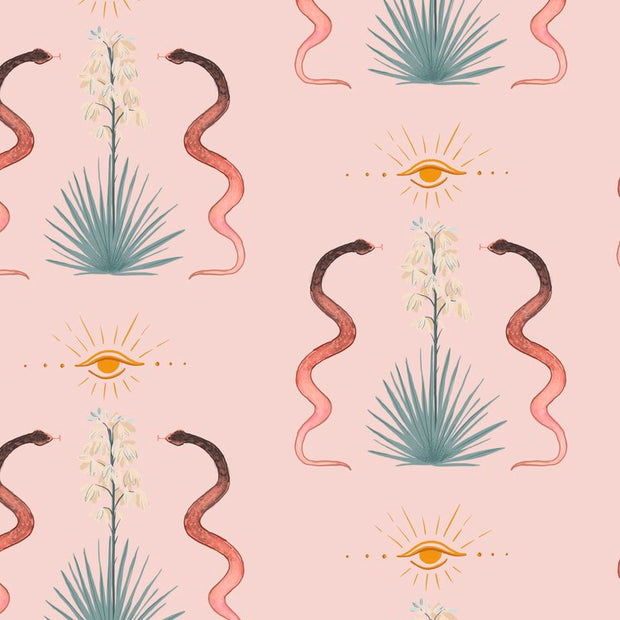 A wallpaper pattern featuring a repeated snakes and floral design with a pink tint and a central eye-like symbol.