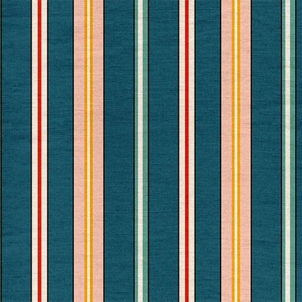 A fabric with a striped pattern featuring colors such as blue, pink, red, and yellow on a dark background.