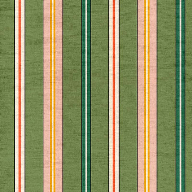 A fabric with a striped pattern featuring colors green, light pink, orange, and pink.