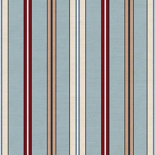 A fabric with a striped pattern featuring light blue, beige, blue, red, and white colors.