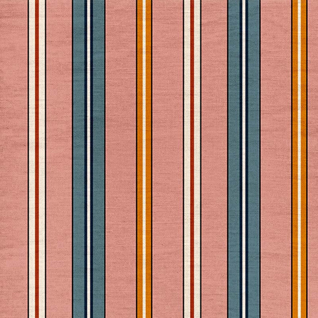 A fabric with a striped pattern featuring multiple colors including blue, orange, pink, red, and yellow on a possibly linen texture.
