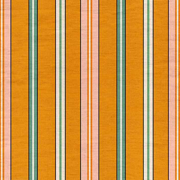 A fabric with a striped pattern featuring colors orange, green, pink, and yellow.