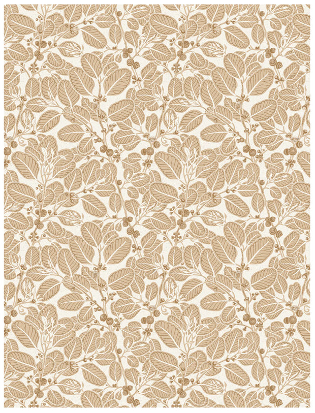 A wallpaper with a floral pattern featuring stringybark leaves in beige and brown colors. Stringybark Wallpaper – Earth | Natural Textured Wall Covering by Yard