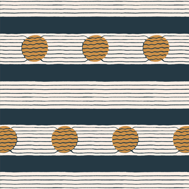 A wallpaper pattern featuring horizontal stripes in beige, blue, and orange colors with abstract geometric designs - Sunset Blvd California Dreamin' Wallpaper – Clay Coated, Sold by Yard