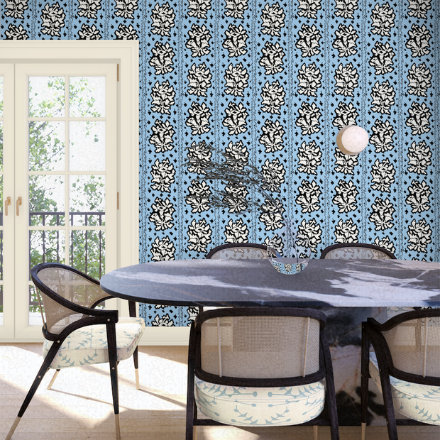 Sky & Black Tussie Mussie Wallpaper – Floral Design | Double Roll