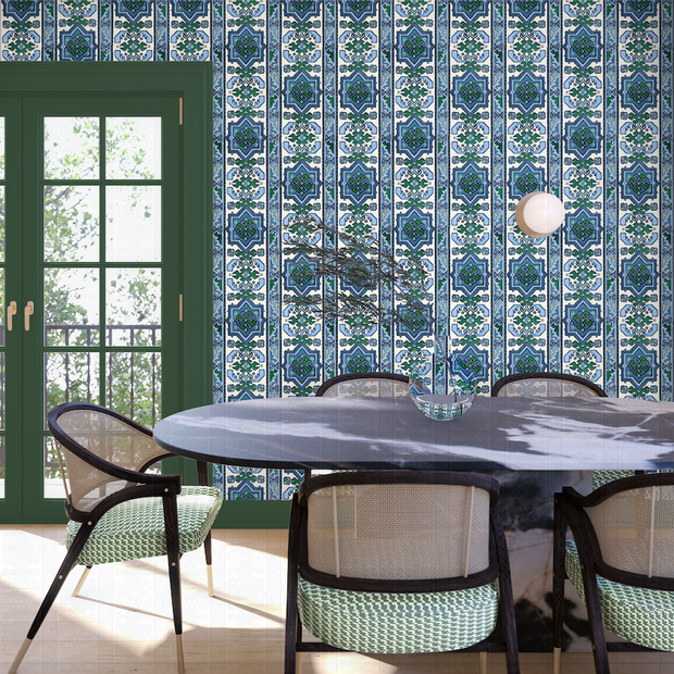Tapestry Wallpaper in Blue & Grass – Bold Non-Woven Design