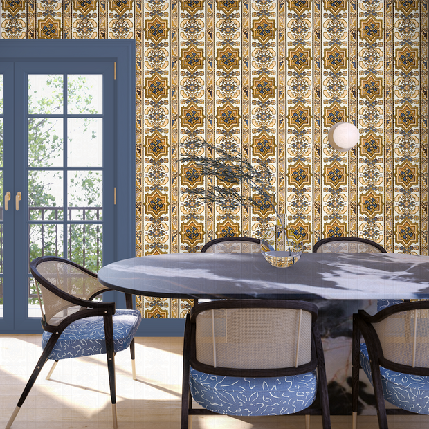 Tapestry Wallpaper in Saffron & Indigo – Non-Woven Design