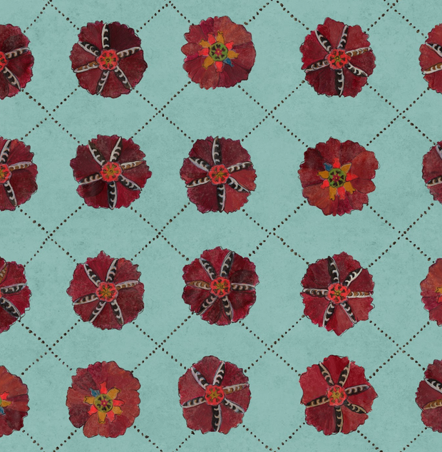 A yard of wallpaper featuring a floral pattern with red and blue flowers on a turquoise background - Bedside - Suzani Wallpaper - Non-Woven Fibre, Straight Match | Supply Showroom