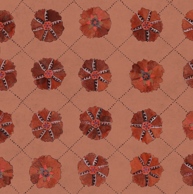 A yard of wallpaper with a floral pattern featuring red and rust colored flowers on a brown background.