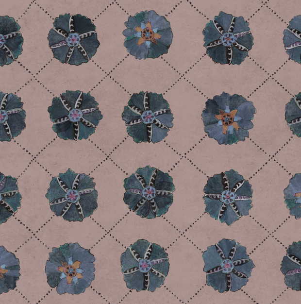 A section of wallpaper showing a floral pattern with various shades of blue and purple flowers on a beige background.