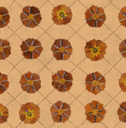 A wallpaper featuring a floral pattern with brown, orange, and peach colored flowers on a beige background.