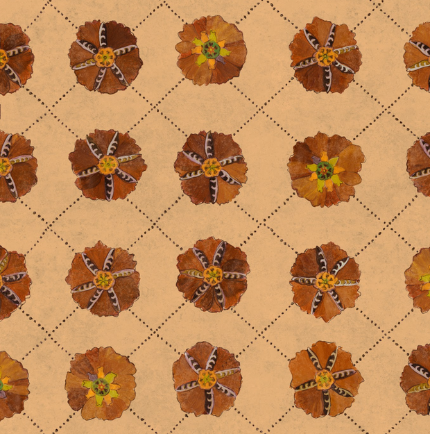 A wallpaper featuring a floral pattern with brown, orange, and peach colored flowers on a beige background.