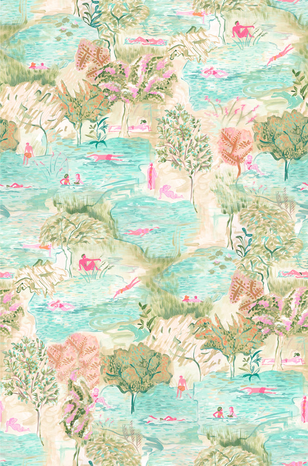 Teal Swimmers Wallpaper – Artistic Clay Coat | Sold by Yard