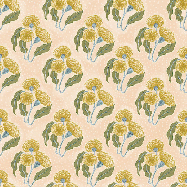 A textile pattern featuring a repeating thistle design with pink, blue, green, and yellow colors on a peach background.