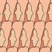 A wallpaper pattern featuring abstract graphic representations of human faces in a pink tone on a beige background - We Together Blush Camo Wallpaper – Luxury Grasscloth Wall Covering