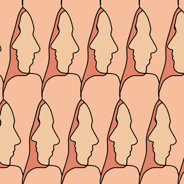 A wallpaper pattern featuring abstract graphic representations of human faces in a pink tone on a beige background - We Together Blush Camo Wallpaper – Luxury Grasscloth Wall Covering