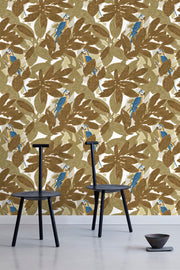 A wallpaper featuring a pattern with brown leaves and blue birds - Bronze Tropic Wallpaper – Luxury Designer Wall Covering by Yard