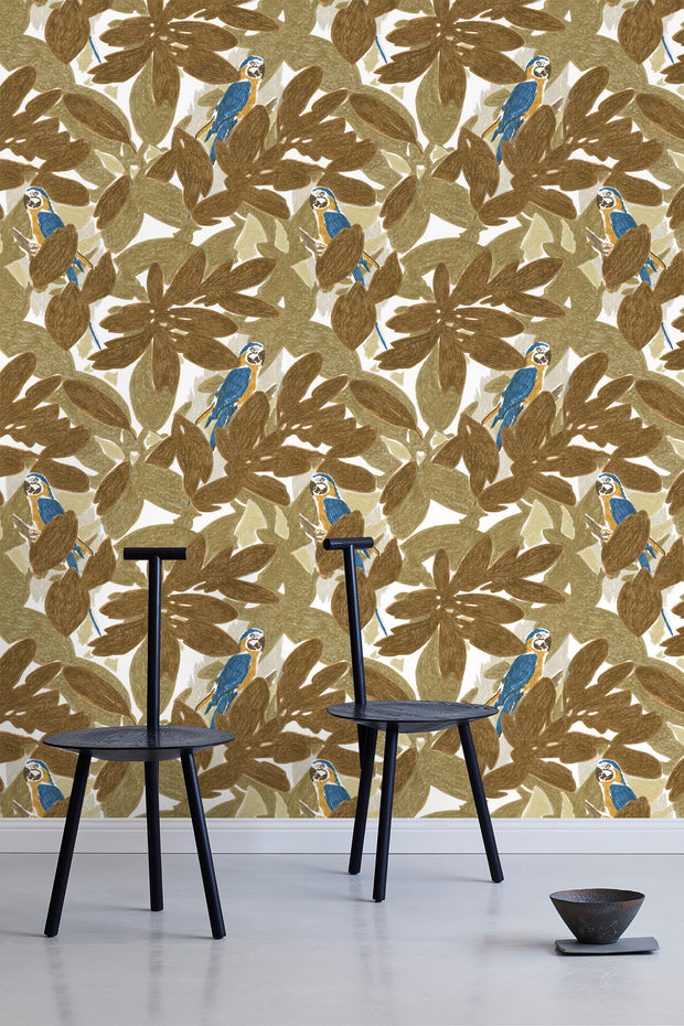 A wallpaper featuring a pattern with brown leaves and blue birds - Bronze Tropic Wallpaper – Luxury Designer Wall Covering by Yard