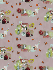 A wallpaper with an abstract pattern featuring various contemporary designs including butterflies, an apple, and a moon - 