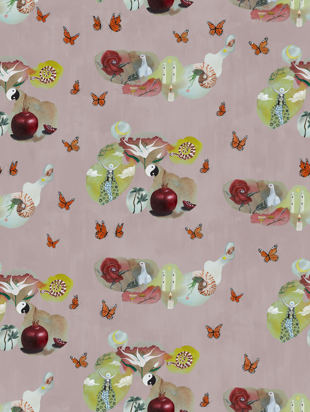 A wallpaper with an abstract pattern featuring various contemporary designs including butterflies, an apple, and a moon - 