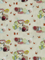 A wallpaper with an abstract design featuring various contemporary illustrations including butterflies, an apple, and flowers on a beige background - Sand Wallpaper – Tarot Collection | Toll Coated Non-Woven Designer Wallcovering