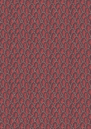 A textured fabric with a repeating pattern of trees in red and pink hues.
